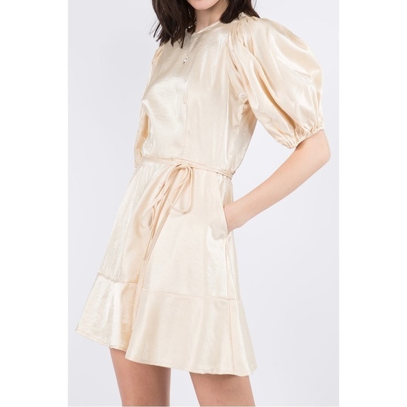 NWT Whiteroom + Cactus Puff Sleeve Satin Champagne 🥂 Dress - Picture 2 of 7